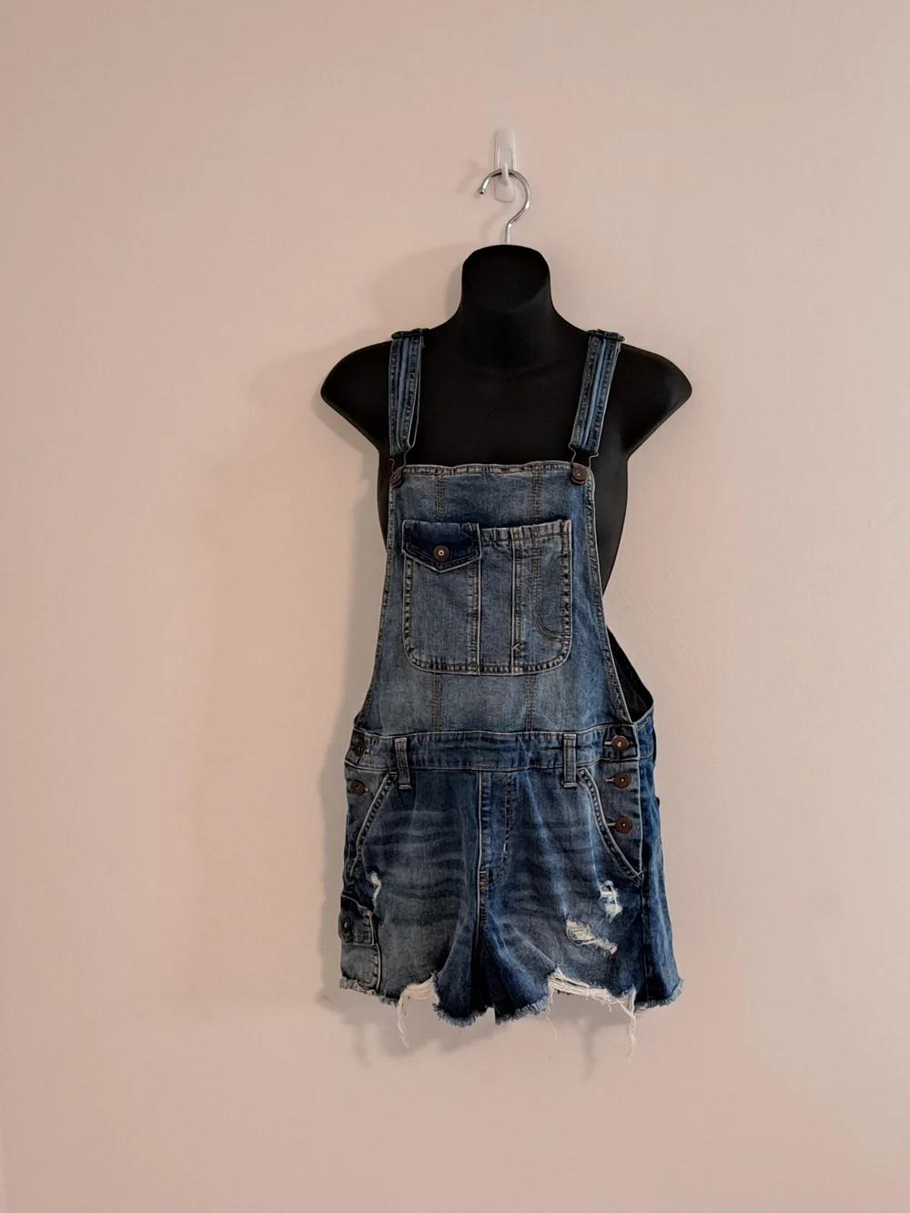 No Boundaries Distressed Blue Denim Short Overalls Juniors 7/9 - Picture 3 of 11
